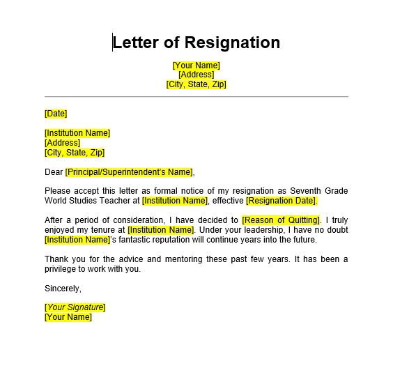 5 Teacher Resignation Letter Sample Format Templates 2020 